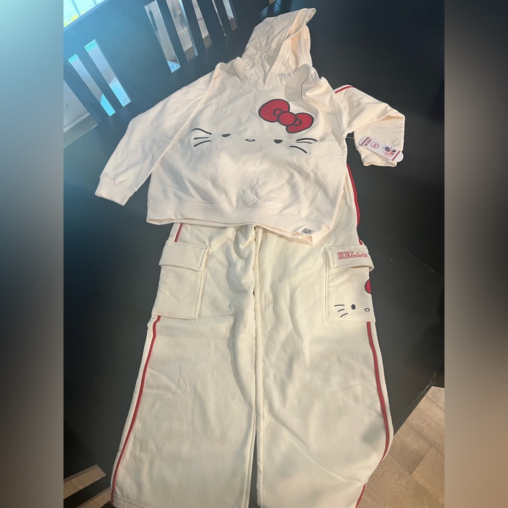 Cream Embroidered Hello Kitty Hooded Matching Set with Red Accents